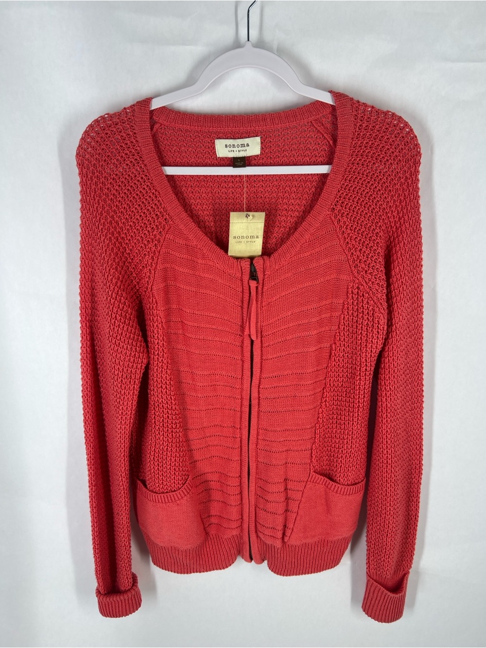 Sonoma Life + Style NWT Coral Open‎ Knit Zip Cardigan Sweater L